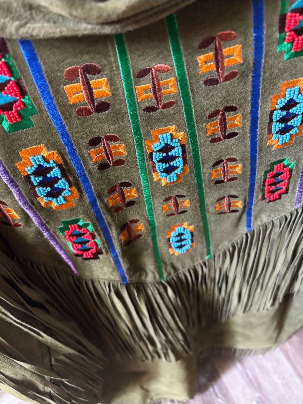 Olive Suede Fringe Jacket with Southwestern Embroidery vintage - Picture 5 of 6